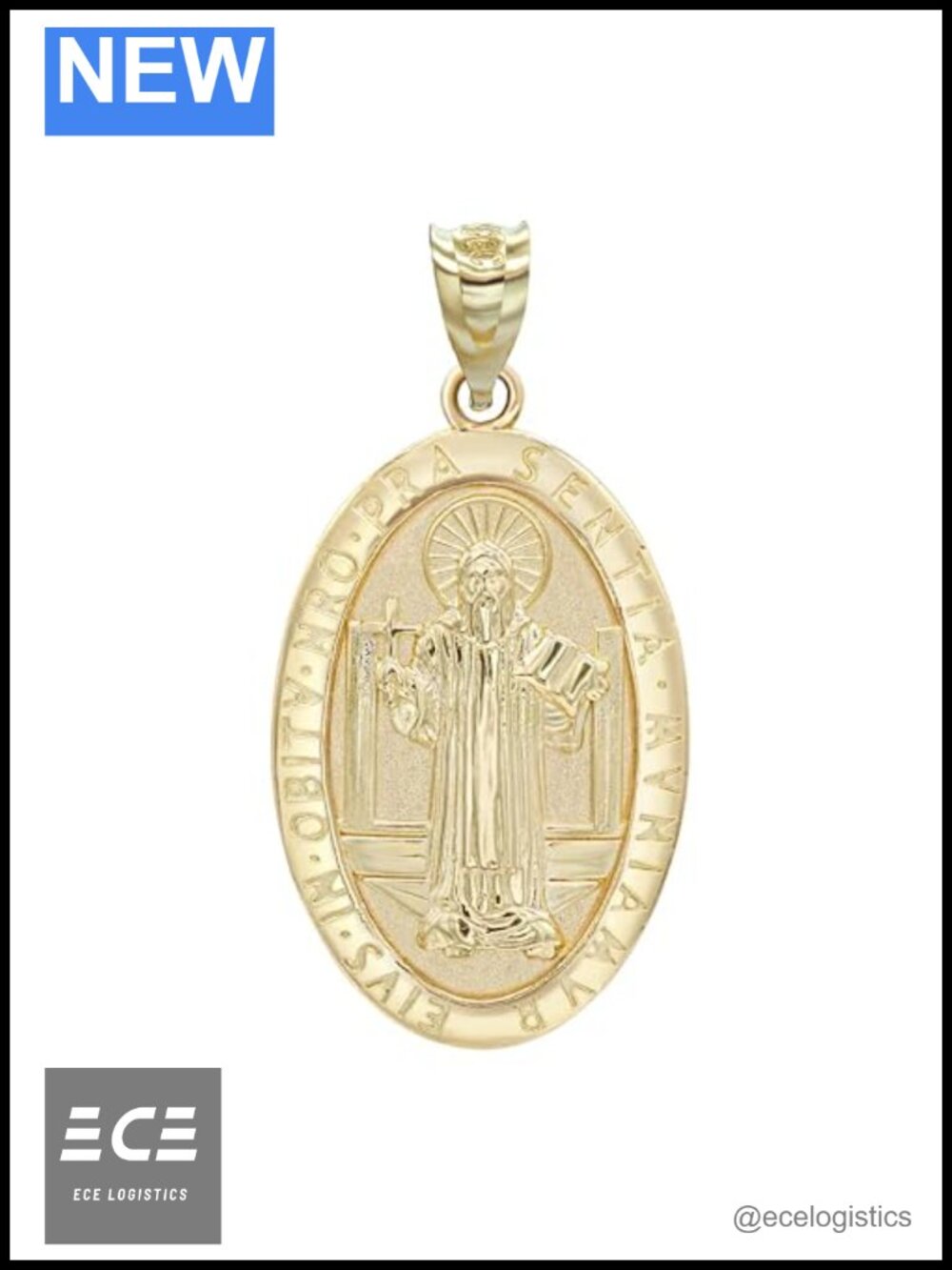 10K Yellow Gold Oval St Benedict Medal Pendant Necklace Rolo Chain